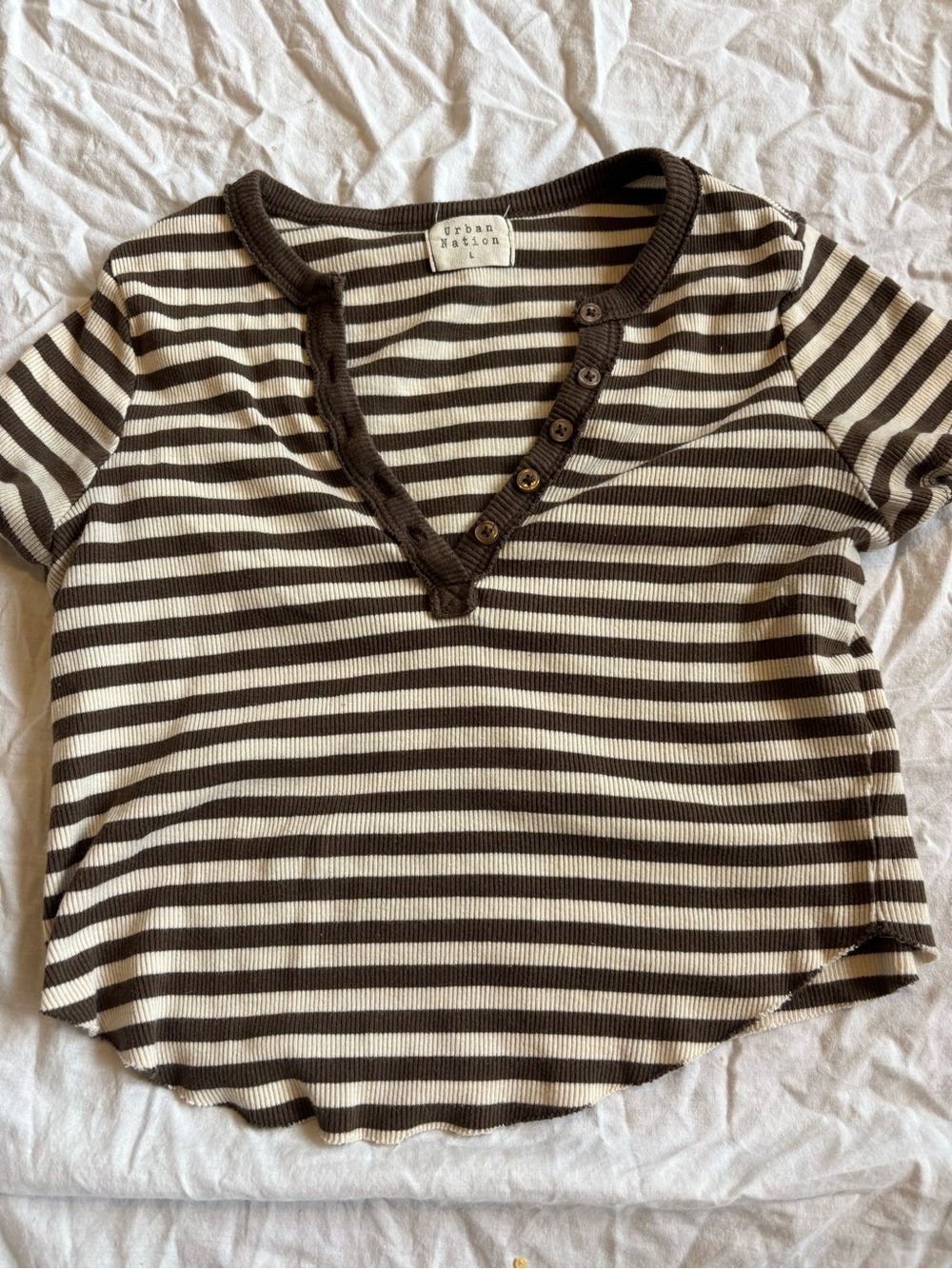Urban Outfitters Brown & Cream Striped Short Sleeve Henley